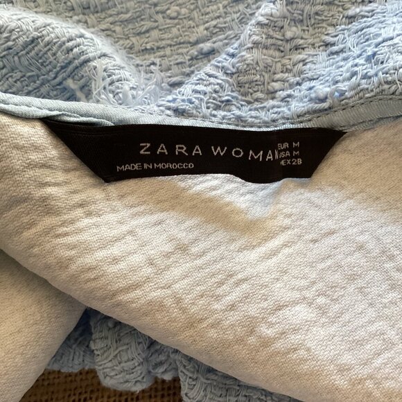 Zara Size Medium Woman Light Blue Textured Crop Top With Ruffled Sleeves - Picture 3 of 7